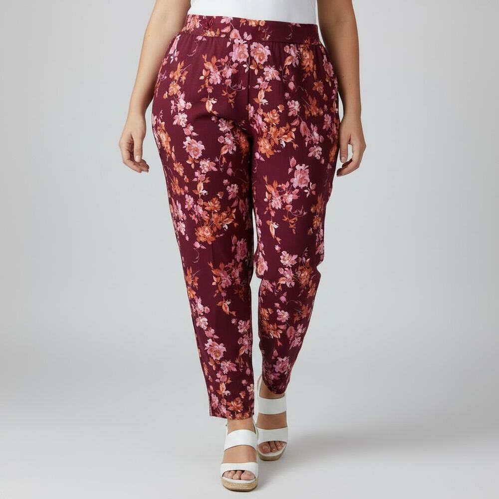 Isaac Mizrahi Live! Floral Slim Leg Pants Plus 30WP Petite Rhubarb / Maroon
